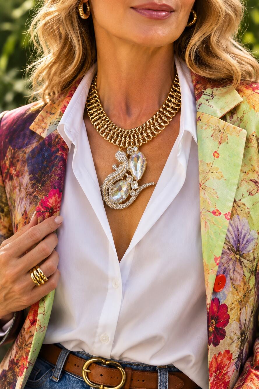 Upcycled Crystal Lizard Statement Necklace Gold Tone Rhinestone Reworked Jewelry